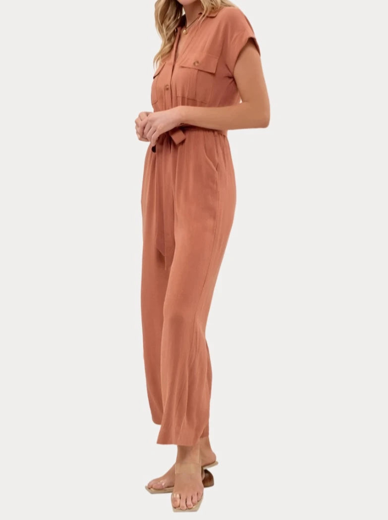 Button down belted wide leg jumpsuit