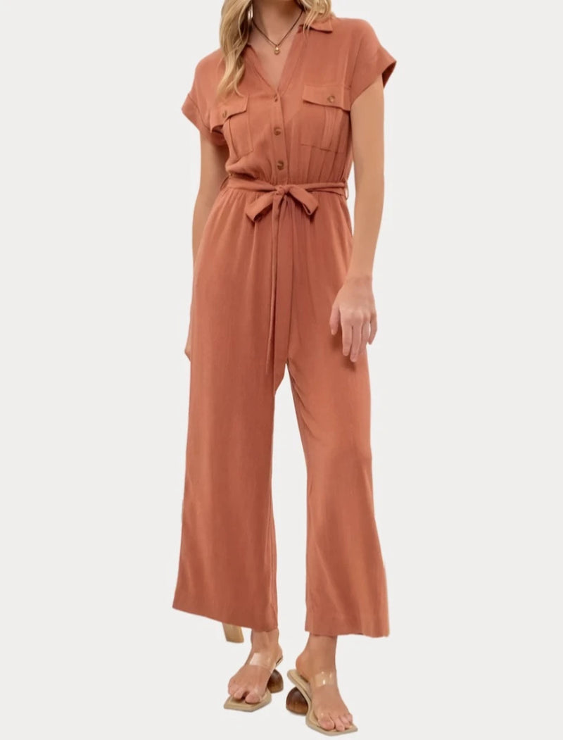 Button down belted wide leg jumpsuit