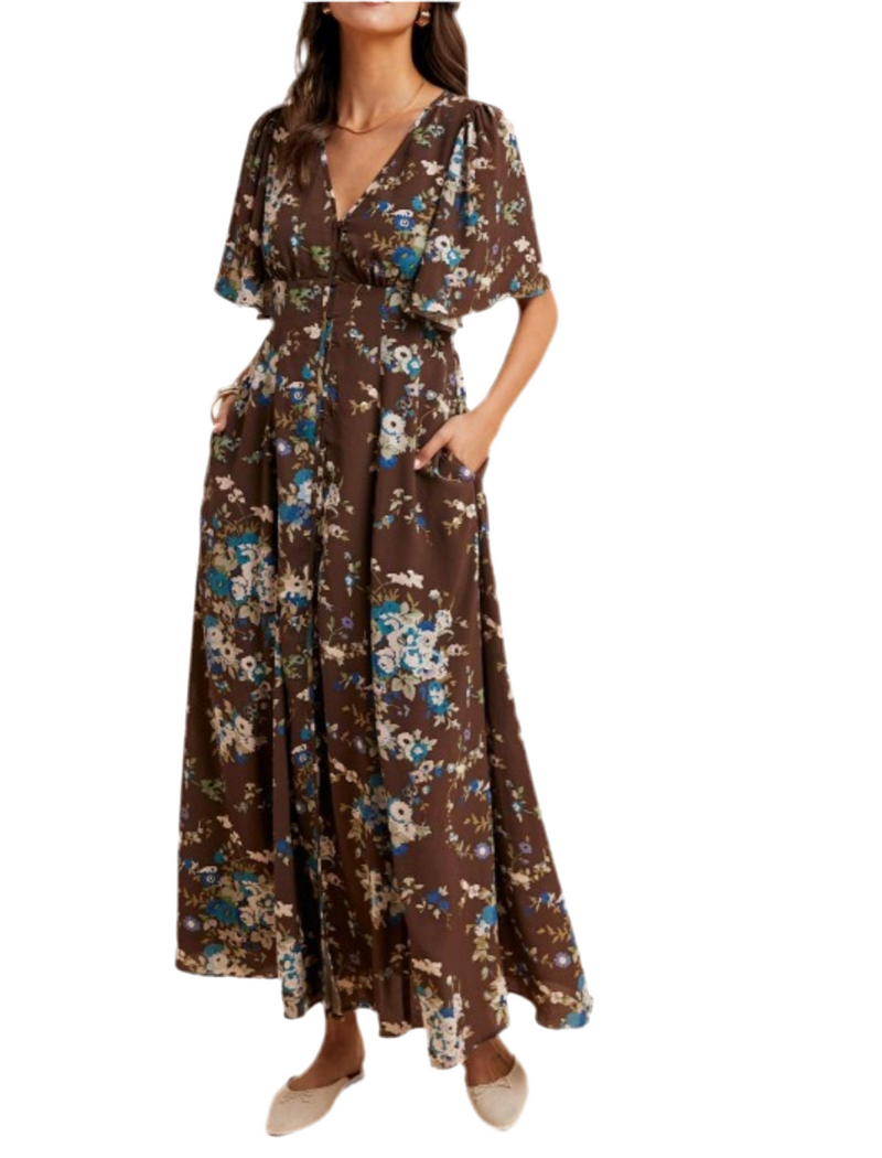 Floral Flutter Mocha Dress