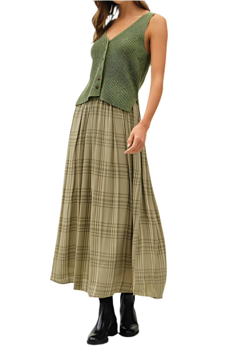 Plaid Pleats Midi Skirt