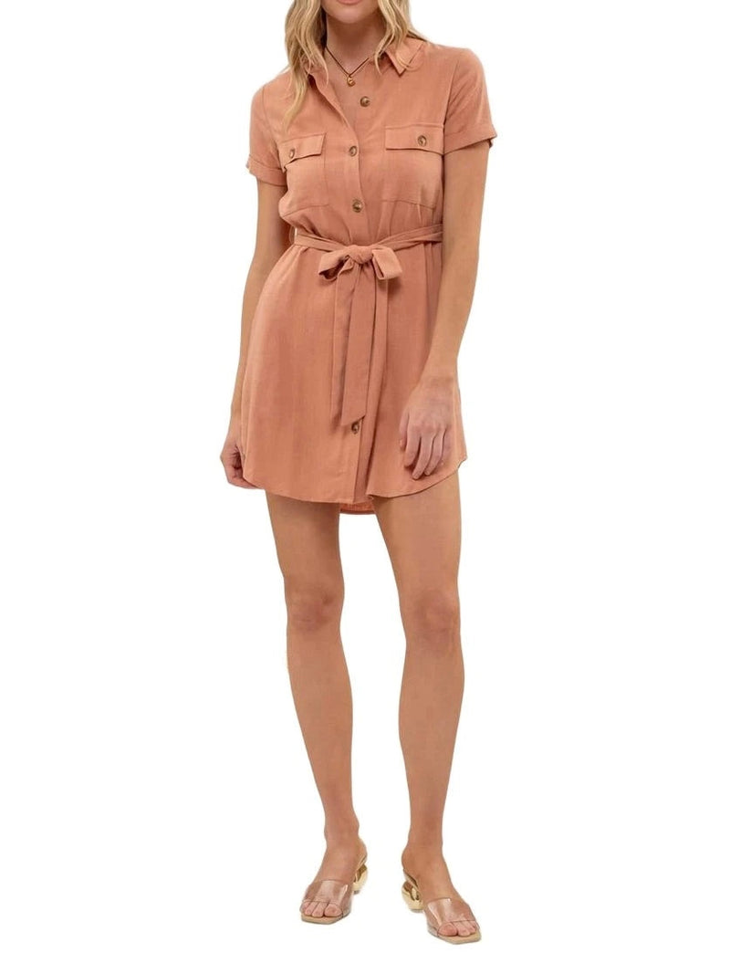 Button down belted mini dress