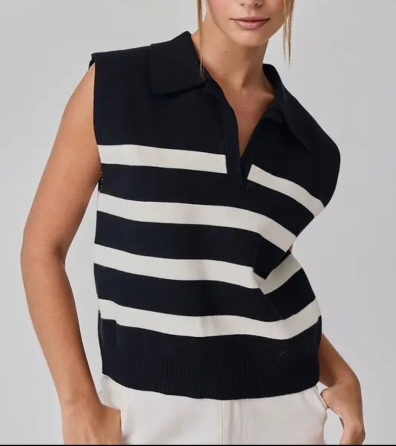 Striped collared polo knit top