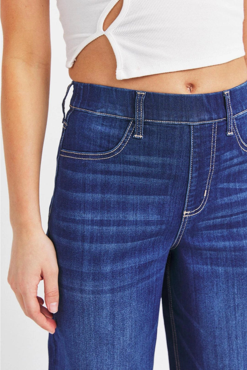 Dark hi-rise wide leg pull on jeans