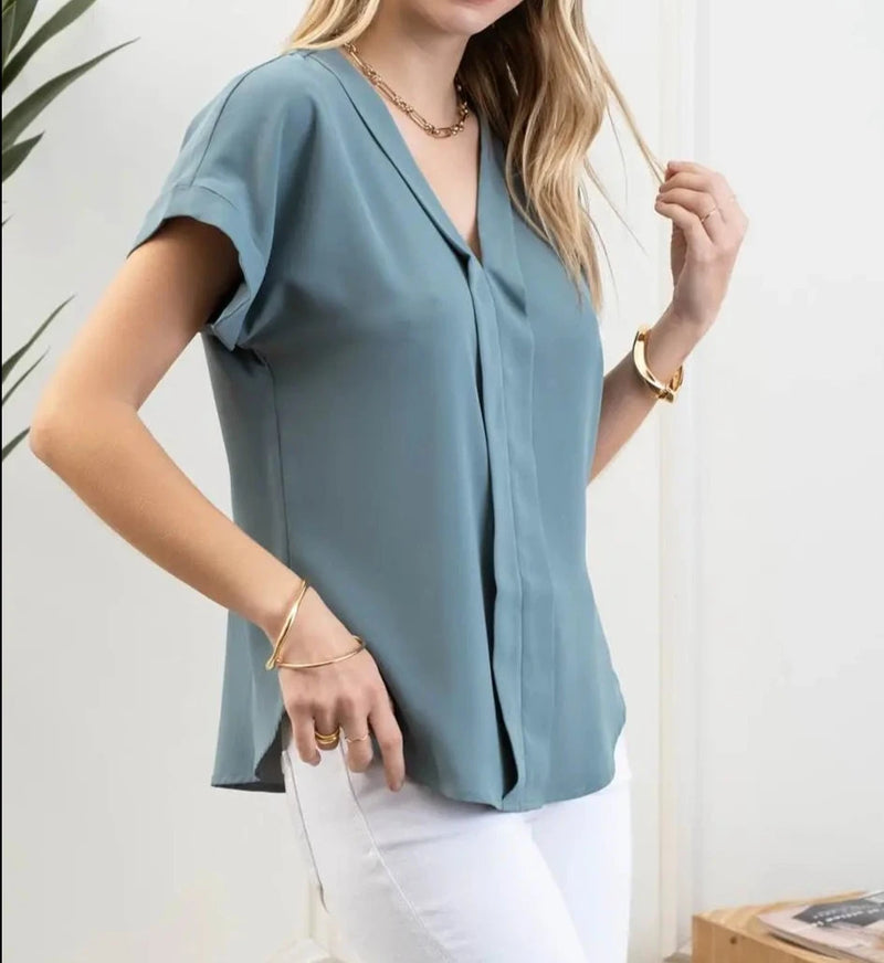 V Neck collar roll up sleeve blouse
