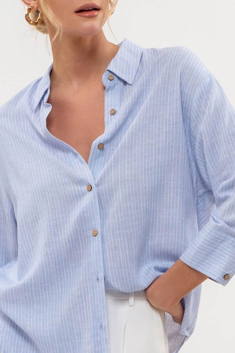 Stripe collared button down tab sleeve shirt