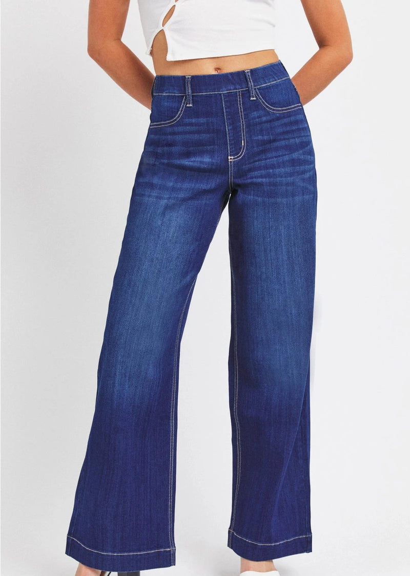 Dark hi-rise wide leg pull on jeans