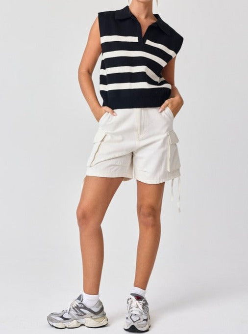 Striped collared polo knit top