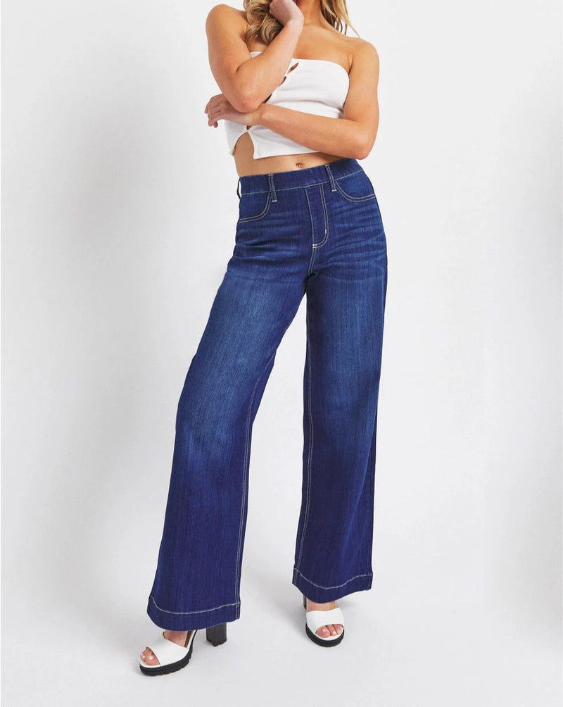 Dark hi-rise wide leg pull on jeans