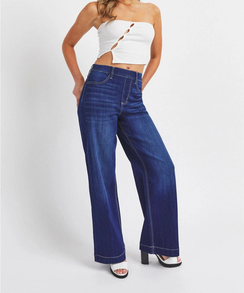 Dark hi-rise wide leg pull on jeans