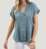 V Neck collar roll up sleeve blouse