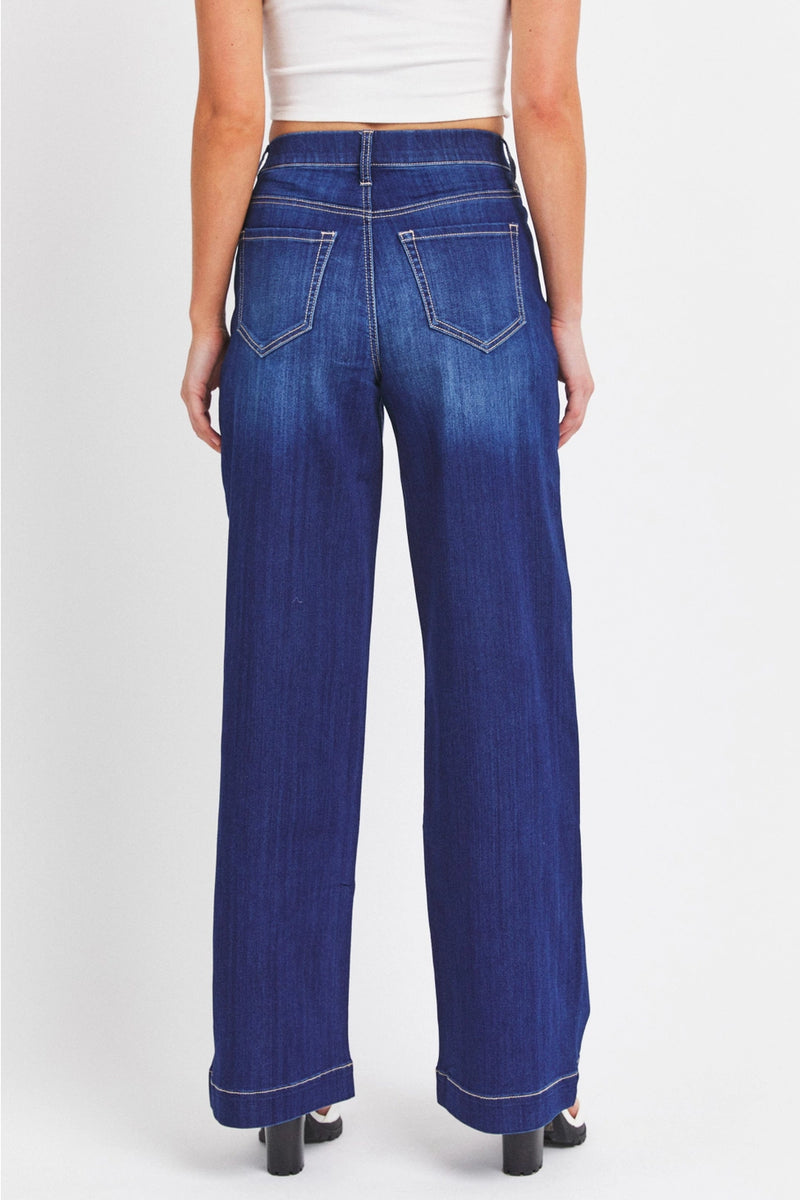 Dark hi-rise wide leg pull on jeans