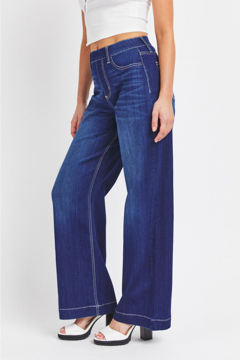 Dark hi-rise wide leg pull on jeans